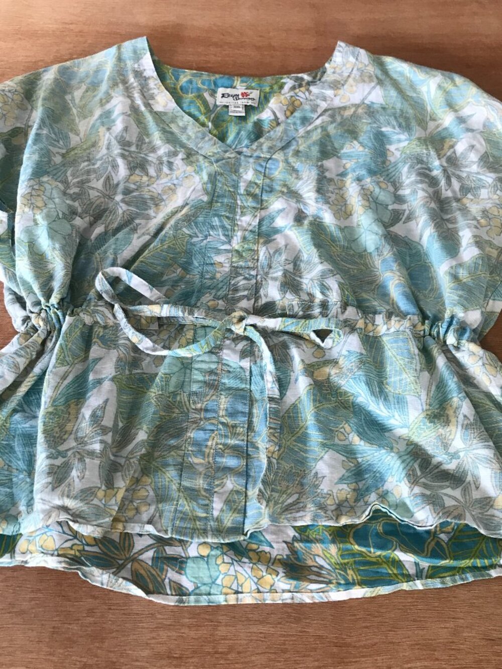 Reyn Spooner Hawaiian Tunic Top Women XXL Green Floral Tie Waist Linen Blend